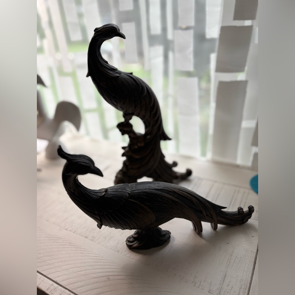 Vintage 2 Majestic Black & Copper Peacock Art Sculpture